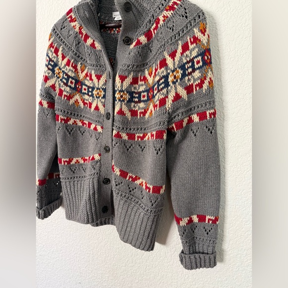 L.L. Bean Signature Gray Fair Isle Cardigan with Red, Navy & Cream Accents - Picture 3 of 10